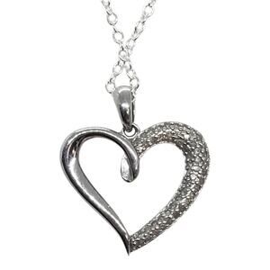 Vintage Sterling Silver & Diamond Open Heart Pendant Necklace